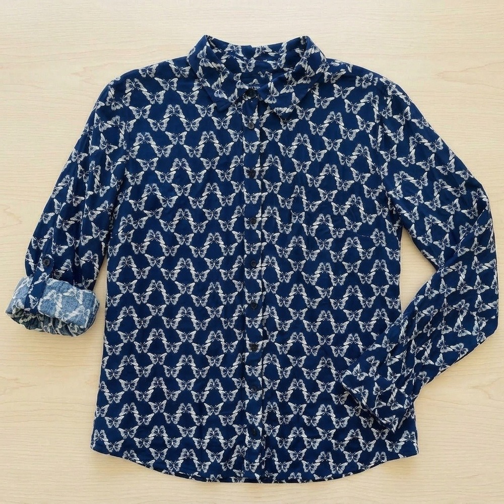 Talbots Button Down Shirt Women Large Petite Blue Butterfly Print Cottagecore